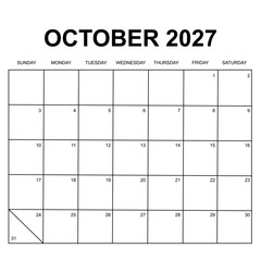 october 2027 calendar. week starts on sunday. printable, simple, and clean design. calendar vector design. - obrazy, fototapety, plakaty