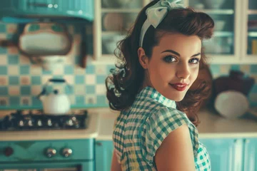 Foto op Canvas Portrait of an attractive housewife at the kitchen. 70s retro life style © Kien
