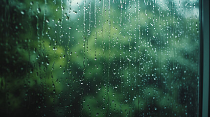 Water droplets cling to a freshly washed window, diffusing the view into a dreamlike scene, blending interior coziness with the soft ambiance of rain