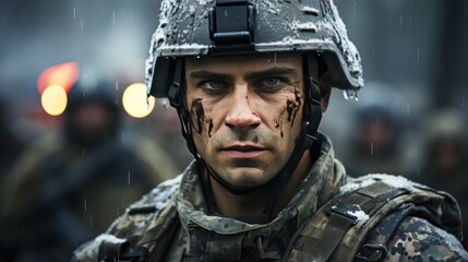 Portrait of a soldier in the rain with blood on his face - obrazy, fototapety, plakaty