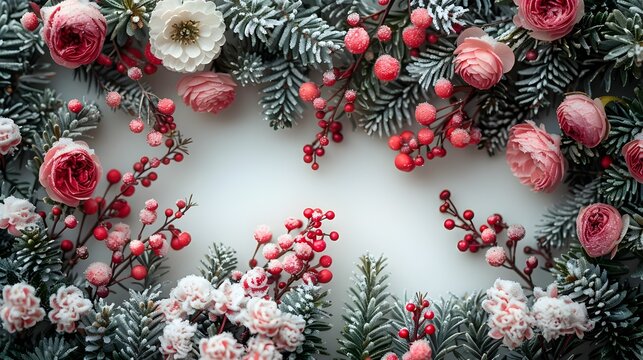 Christmas Arrangement with Red and Pink Flowers on White Background