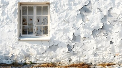 Old White Building with Open Window and Peeling Paint