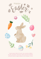 Happy Easter day greeting card in watercolors style and Easter day wording, example texts on white paper pattern background.