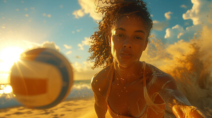 A female beach volleyball player is captured in a dynamic moment, executing a powerful spike...