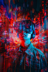 A person wearing a headset and entering metaverse