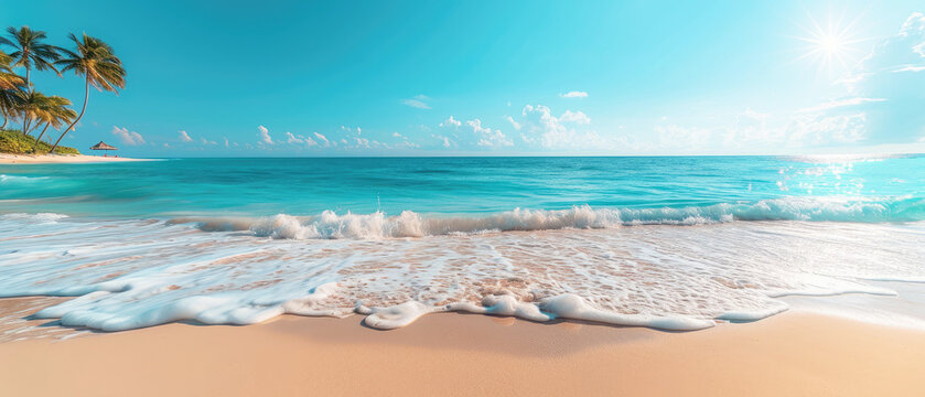 Landscape sea view fornt beach Tropical beach with palm trees and waves crashing onto the shore under a bright blue sky background banner copy space summer