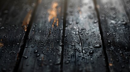 Water Drops on Black Wooden Plank, To provide a high-quality and detailed image of water drops on a wooden surface, suitable for use in a variety of