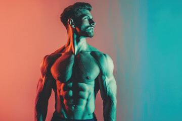 Fototapeta na wymiar a sporty handsome strong man. Healthy athletic fitness model posing. Confident fashion male with torso, color background
