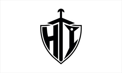 HI initial letter shield icon gaming logo design vector template. batman logo, sports logo, monogram, polygon, war game, symbol, playing logo, abstract, fighting, typography, icon, minimal, knife logo