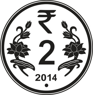 vector 2 rupee coin Indian money handmade silhouette black and white