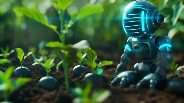 An image of a holographic farm robot helping farmers plant and tend to crops with precision and minimal impact on the surrounding environment.