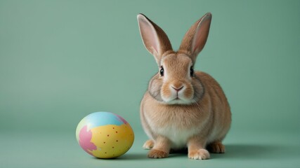 Fototapeta na wymiar A rabbit with Easter Eggs on plain color background