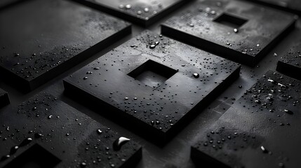 Water Droplets Covered Black Squares and Cubes in Sci-Fi Noir Style, To provide a sleek and modern visual concept for advertising and branding