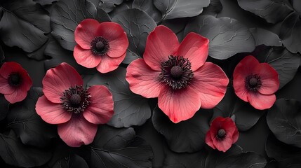Red Poppies on Black Background with Pink and Gray
