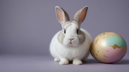 Fototapeta na wymiar A rabbit with Easter Eggs on plain color background