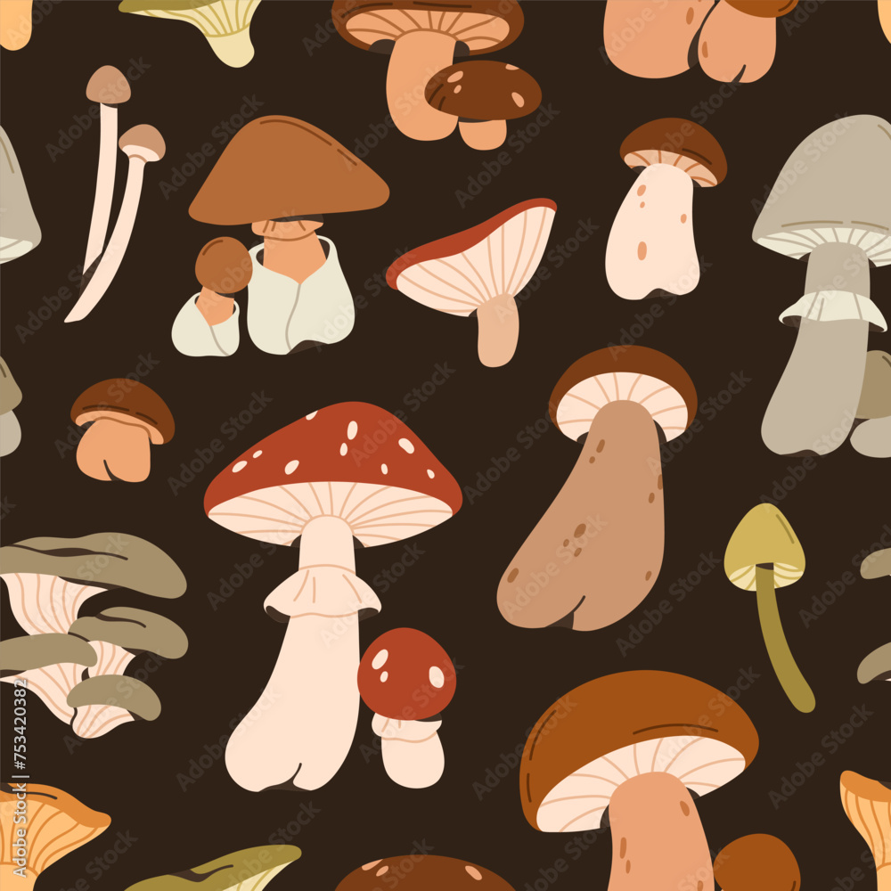 Poster mushrooms pattern. seamless background, fall forest print. endless fungi texture design. autumn fung