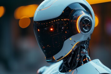 robot's face with illuminated orange eyes, reflecting the intricate design and emotional depth possible in AI. Detailed view of an android's visage featuring glowing eyes, highlighting the precision