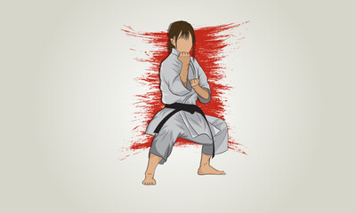 Woman in a kimono and with a black belt stands in a martial pose in karate martial arts. Vector illustration. Abstract background.