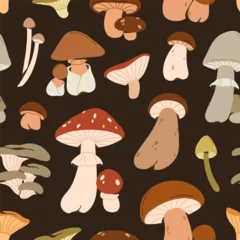 Zelfklevend Fotobehang Mushrooms pattern. Seamless background, fall forest print. Endless fungi texture design. Autumn fungus, repeating backdrop for wrapping, fabric, textile. Printable repeatable flat vector illustration © Good Studio