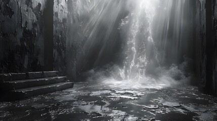 Minimalist Black and White Waterfall in a Surreal Indoor Space
