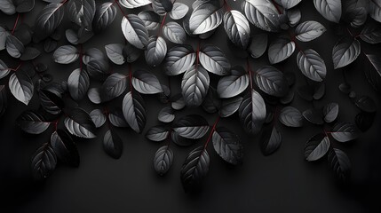 3D Rendered Leaves on Black Background with Silver and Red Accents, To provide a high-quality, stylish, and versatile 3D rendered image of leaves on