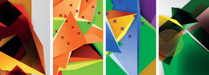 Trendy low poly 3d triangle shapes and other geometric elements background designs for wallpaper, business card, cover, poster, banner, brochure, header, website