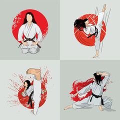 Set of female athletes engaged in martial arts. Vector image