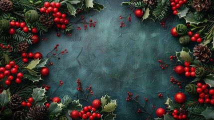 Festive Christmas Scene with Berries and Holly, To add a touch of festive cheer and elegance to holiday-themed designs, ads, and social media posts
