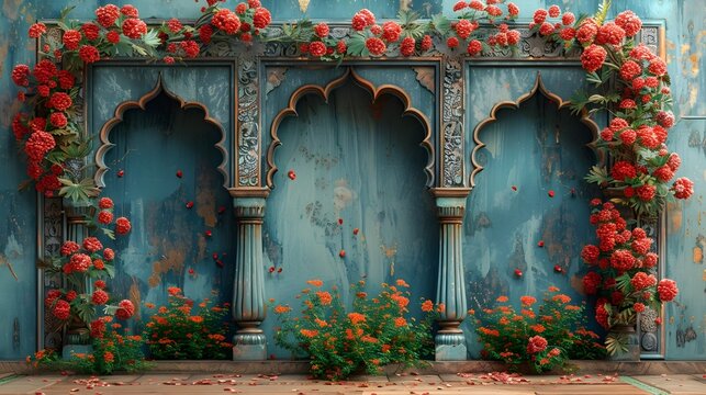 3D Background with Blue Doors and Flowers in Hindu Art Style, To provide a unique and culturally-rich background design for various creative