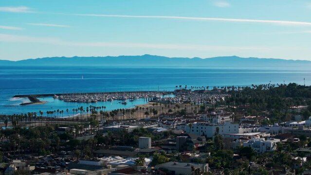 Drone aerial view of the blue ocean colors in santa barbara, california