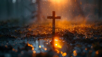 Golden Light Shines on Cross in Water Puddle, This image conveys a sense of spirituality and reverence, making it suitable for use in religious