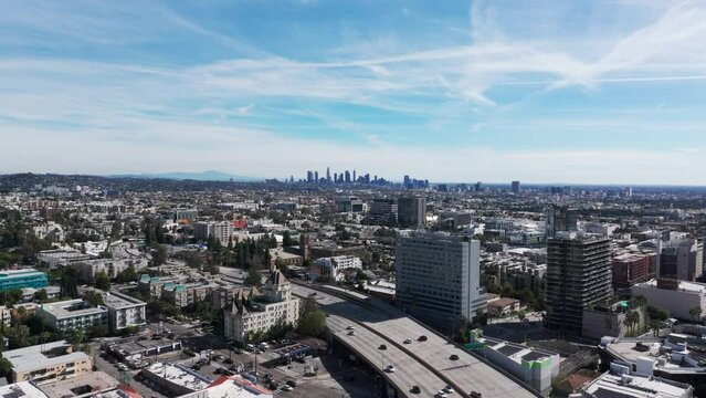 Drone aerial view of Los Angeles, California with traffic and skyline