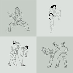 Set of drawings of human poses in karate martial arts. Vector image.