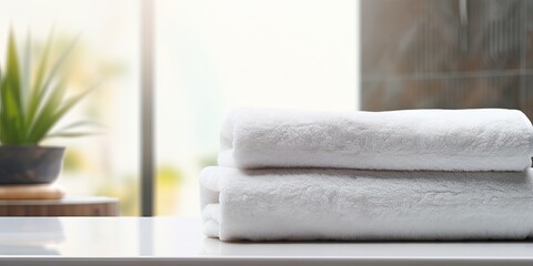 Panoramic shot: Towels on marble table with copy space on blurred bathroom background. For product display montage.