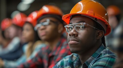 Portrait of African students studying safety regulations while donning safety goggles and helmets against a blurry backdrop, Generative AI.