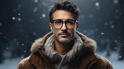  Default Winter themed man wearing glasses with room for copys 0. Genrative.ai - obrazy, fototapety, plakaty