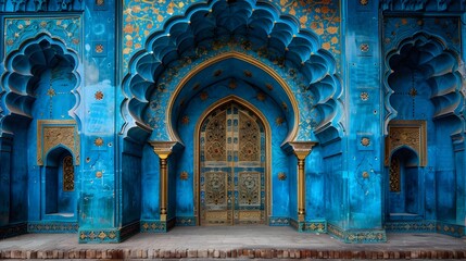 Intricate Blue Islamic Building with Gold Accents and Arched Doorways, To showcase the beauty and intricacy of Islamic architecture and design, and - obrazy, fototapety, plakaty