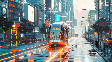 Fototapeta na wymiar AI control futuristic cute bus. New technology in modern city. Banner