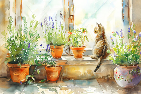 Little cat nibbling on a plant in a pot. Herb  near window. Banner