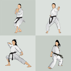 Collection of karate girls in different fighting poses. Vector image.