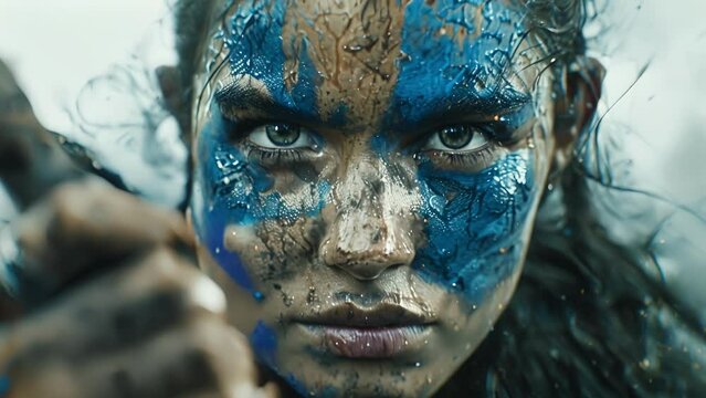 A female Celtic warrior her face adorned with blue war paint grips a spear with determination as she prepares to join the battle.