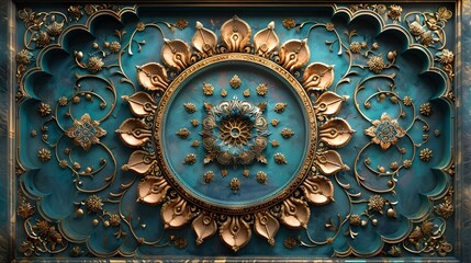 Ornate Blue and Gold 3D Wall Panels, To provide a high-quality, visually striking image for use in home decor, social media, and web backgrounds,