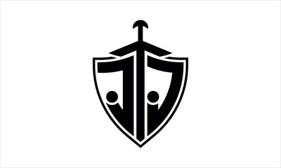 JJ initial letter shield icon gaming logo design vector template. batman logo, sports logo, monogram, polygon, war game, symbol, playing logo, abstract, fighting, typography, icon, minimal, knife logo
