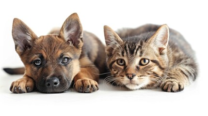 Cat Dog Together Posing On White, Desktop Wallpaper Backgrounds, Background HD For Designer