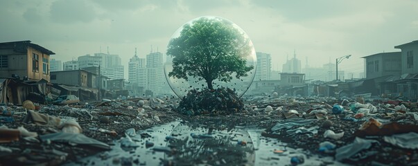 A tree in a glass sphere surrounded by garbage on the cityscape  background - represents pollution and new hope - obrazy, fototapety, plakaty