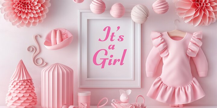 Its a Girl baby shower, newborn party  pink background, cute minimal