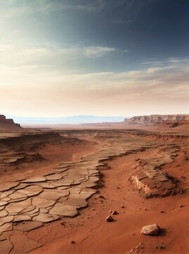 View of landscape horizon on planet mars from Generative AI © SevenThreeSky