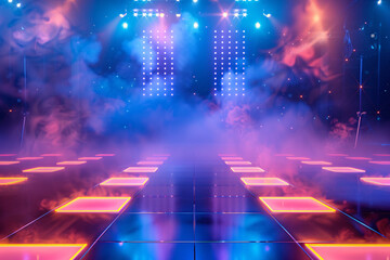 Discotheque dance floor with vibrant lights and fog for a night party