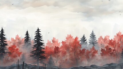 Misty autumn forest landscape illustration with colorful fall foliage trees covered in fog
