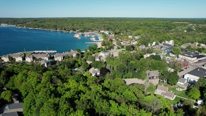 Drone aerial shot overlooking all of the city of sister bay, Wisconsin